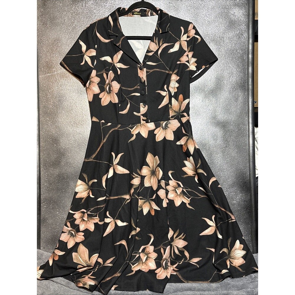 Wedtrend Large Black Floral Short Sleeve Fit & Flare Dress Vintage Look Collar